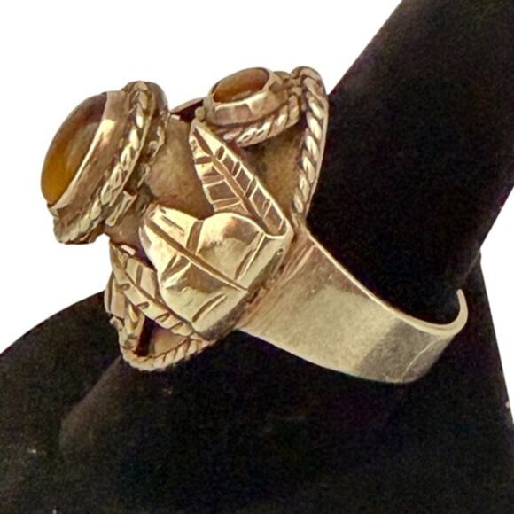 Poison Tiger Eye Ring Adjustable Size 9 Mexico Taxco Sterling Silver Heirloom - Picture 2 of 6